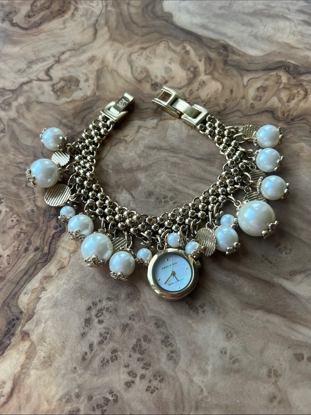 Anne Klein Gold Charm Bracelet Watch with White Pearl Accents